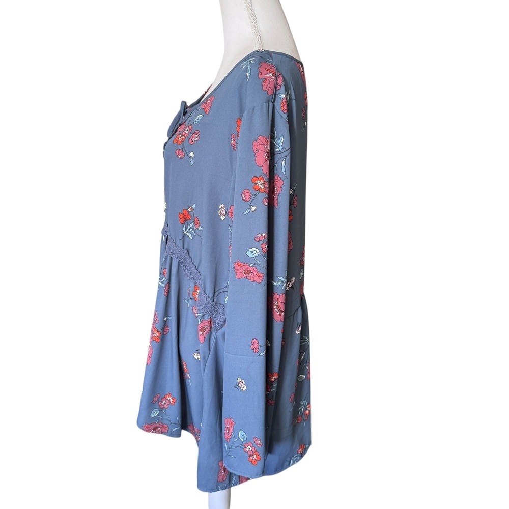 Eyeshadow Blue Gray Floral Lace Trim Tie Neck Peasant Tunic Blouse Top 3X *READ‎ - Picture 12 of 14